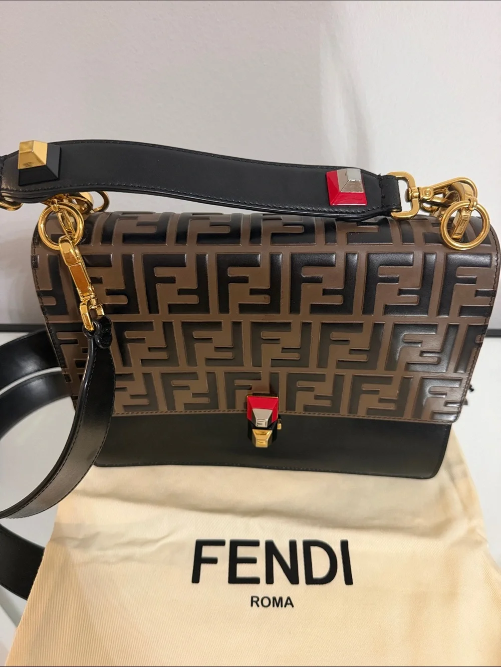 Fendi Brown & Black FF Motif Leather Shoulder Bag and crossbody with Red Accent